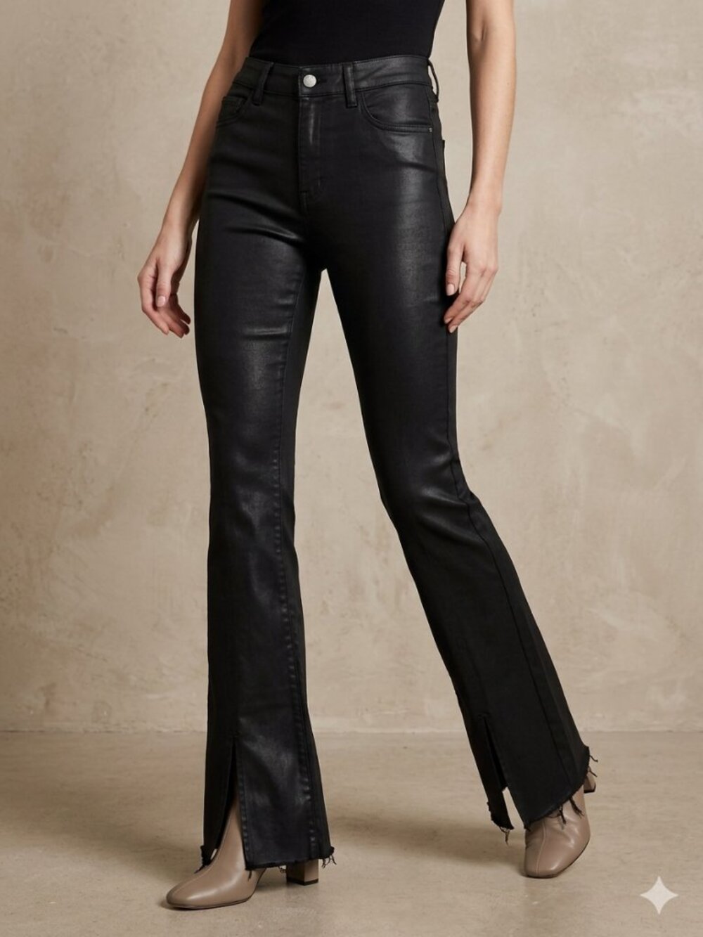 DL1961 DL Ultimate Coated Black High-Rise Wide Flare Split Raw Hem Jeans 28